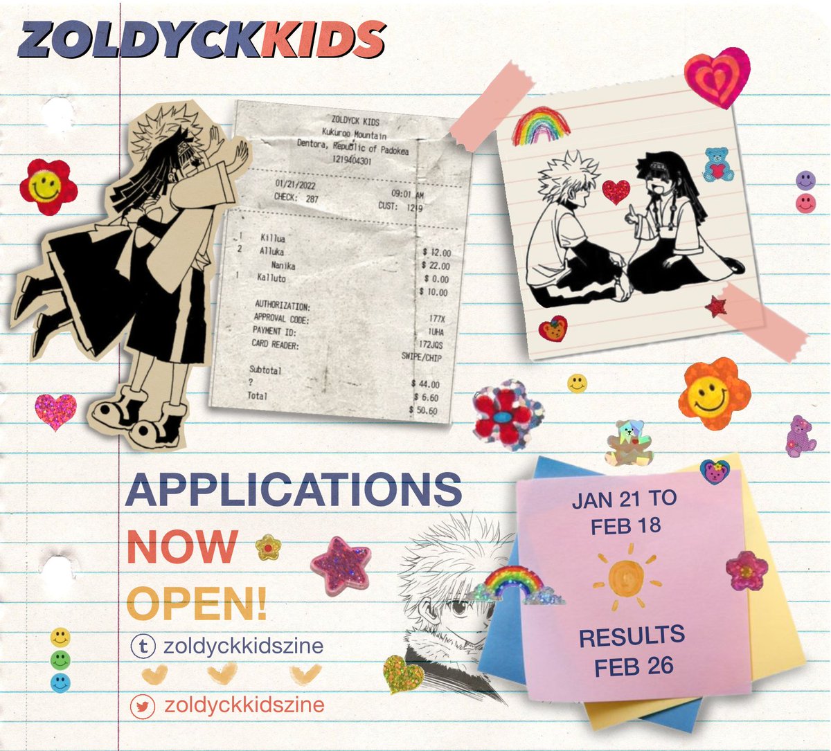 zoldyckkidszine's tweet photo. ✨ CONTRIBUTOR APPS ARE OPEN! ✨
Apps will close February 18th 11:59 EST.

 Guidelines: https://t.co/1N2YtbgBnB

Artist: https://t.co/MwSHFlL6wy
Writer: https://t.co/L7DhvYOD2k
Merch Artist: https://t.co/GasZktCI0q https://t.co/qf3d6SA6JQ