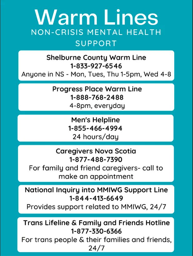 CaregiversNS's tweet photo. Warm lines are mental health support services for those who are experiencing distress or need someone to talk to, but are not in a crisis. Here are just few of the warm lines available to Nova Scotians right now. #caregivers #mentalhealth #warmlines https://t.co/CuIVMoHHQq