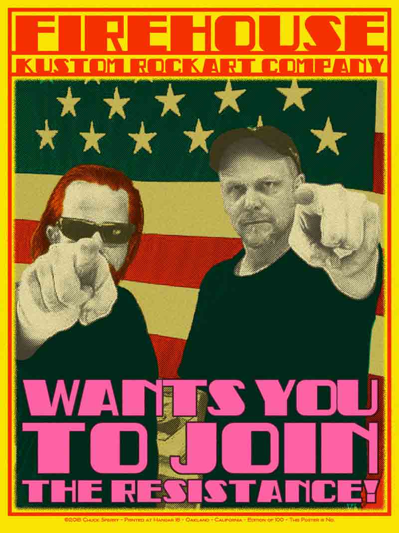 MoonalicePoster's tweet photo. On this day... Firehouse Kustom Rock Art Company Wants You To Join The Resistance! @RonDonArt @WFuckstick memorial poster art by @Yosquirt https://t.co/pgpANSmZ4P β #timaph 1/21/18 #RonDonovan #ChuckSperry Signed, Numbered, edition of 100 printed at @Hangar18Art. https://t.co/2rwpBB6gCl