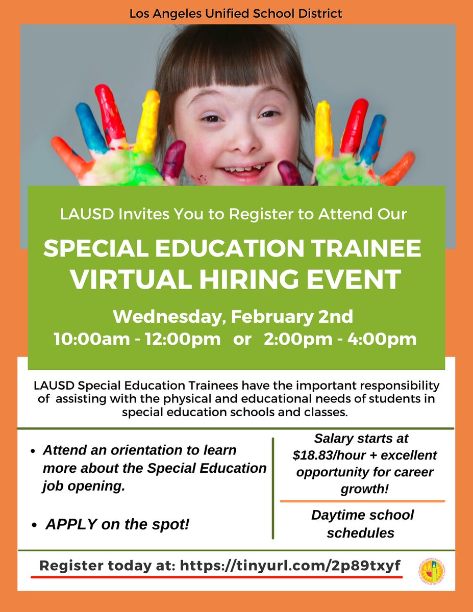 🚨LAUSD is hosting a Virtual Hiring Event 
Wednesday, February 2nd for Special Education Trainees🚨

Now’s your chance to join our team!

Register by going to:
tinyurl.com/2p89txyf

Reserve your spot today!
Spread the Word✅

#specialeducation #spedteacher #specialneeds