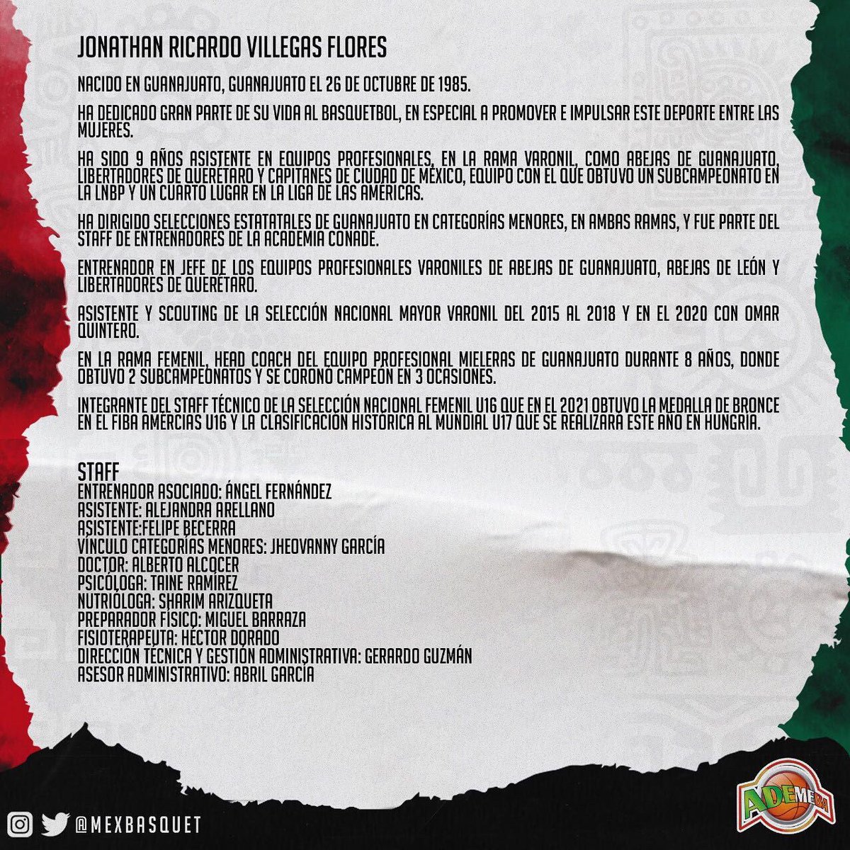 COACH JONATHAN VILLEGAS es presentado el día de hoy como COACH de la SELECCIÓN de BASKETBALL FEMENIL Mayor...