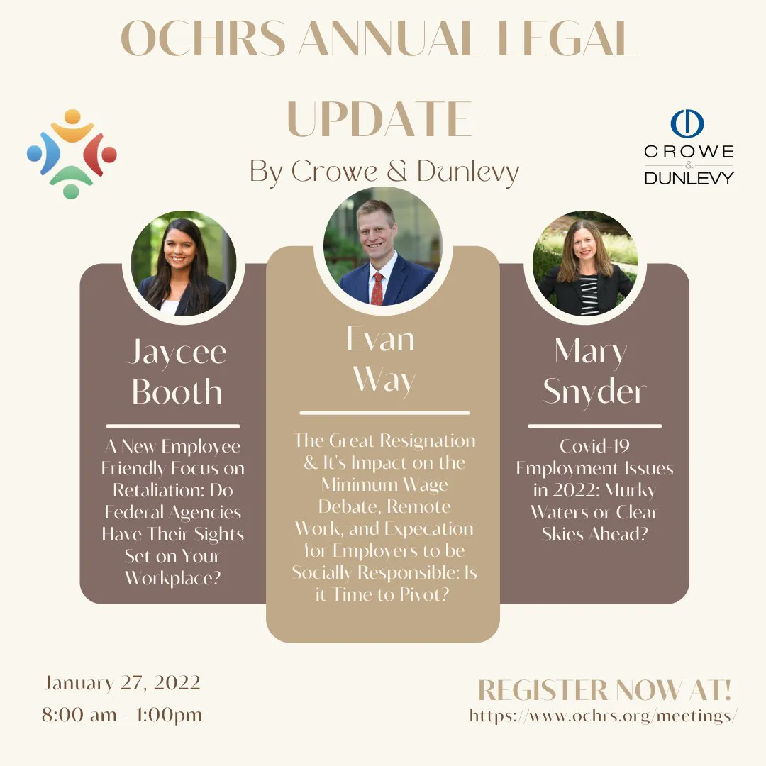 OCHRS's tweet photo. Remember to register for the OCHRS Annual Legal Update by Crowe & Dunlevy! It's only ONE WEEK away!
Details at this link: https://t.co/Sn88LpJOaH
#EmploymentLaw #ProfessionalDevelopment #EmployeeRelations #Covid19 #Events #OCHRS https://t.co/NVNWTlrOgO