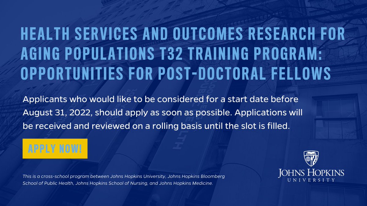 The Health Services and Outcomes Research for Aging Populations T32 Training Program, at Johns Hopkins, is pleased to announce opportunities for post-doctoral fellows to begin prior to August 31, 2022. Apply now! jhsph.edu/research/cente…
