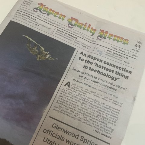Emerald_Rockets's tweet photo. Excited to make front page of the Aspen Daily News! 
Creating the world's 1st campus in @TheSandboxGame is a revolutionary undertaking. Happy to have @aliagley on our team!
Article: https://t.co/KRQySPoXfe
#themetaverse #crypto #altcoin #eth #cryptocurrency #education #cryptonews https://t.co/aqxpgbgm28