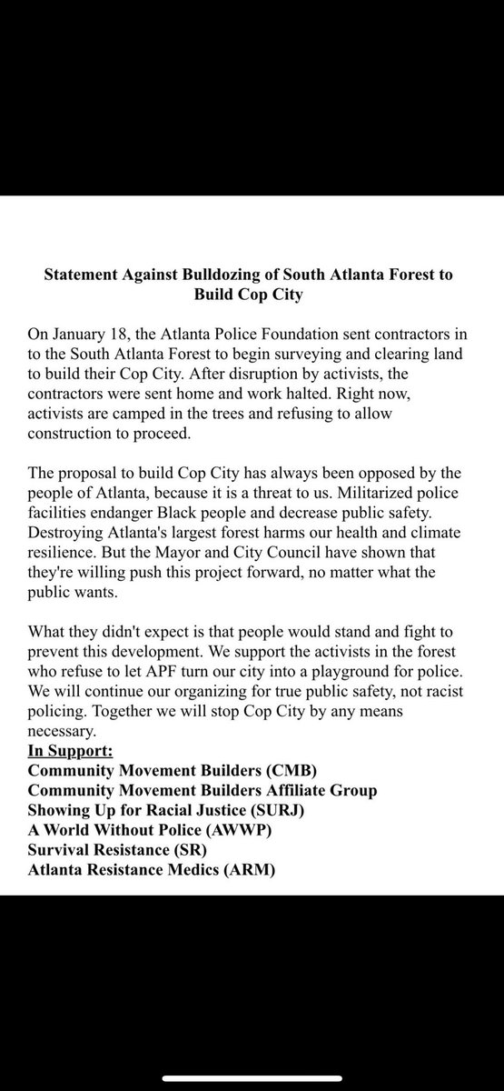 CommunityMvt's tweet photo. STOP COP CITY!

The fight didn’t stop after the city council vote. 

Stand in solidarity with those on the frontlines putting their bodies on the line.

#ShutItDown https://t.co/VrbBF170Pl