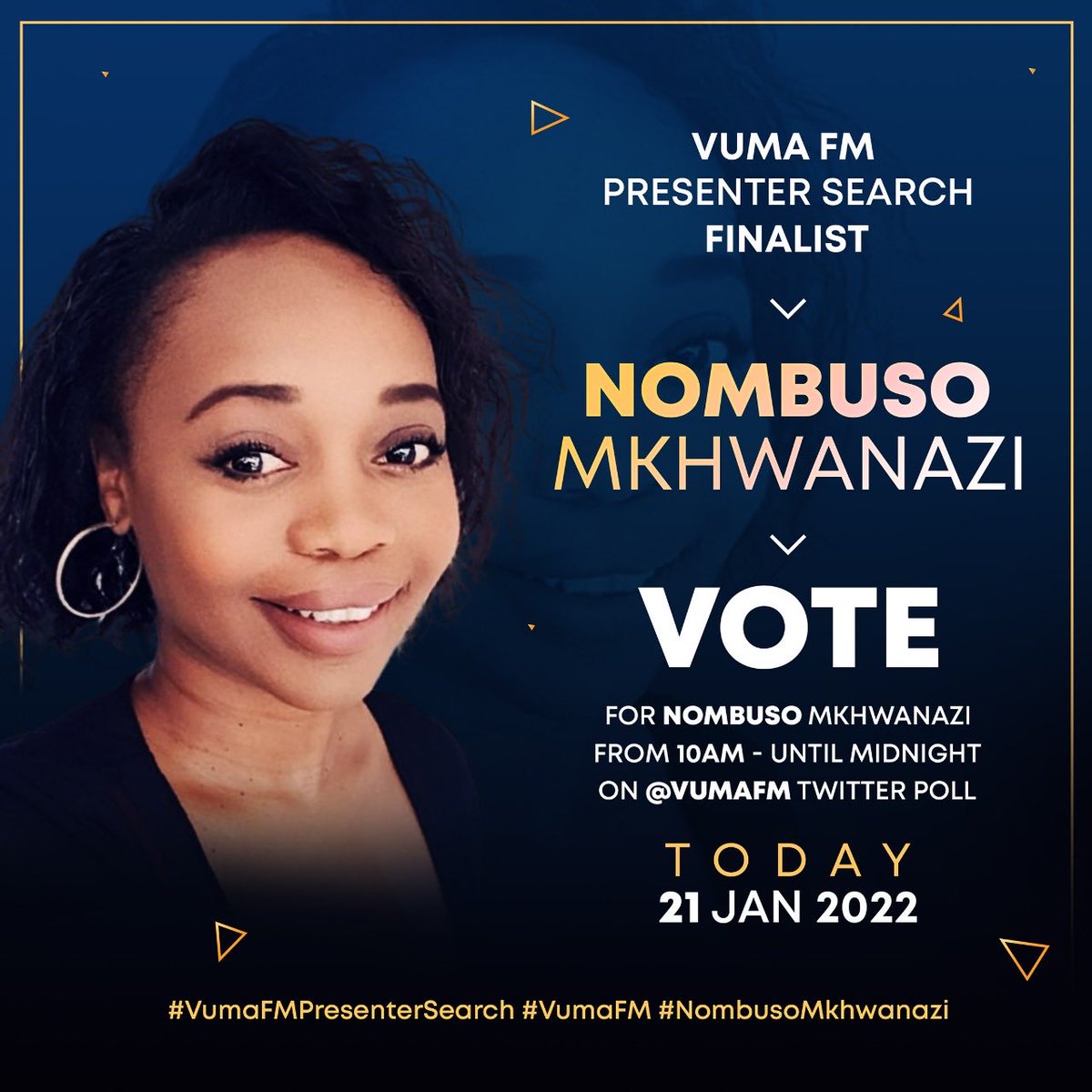 scelo_yeni's tweet photo. Please vote for ⁦@Nombuso_Dibidi⁩, ⁦@VumaFM⁩  presenter search finalist, voting closes today at midnight 🙏🏾💥🥳 https://t.co/mie9EBRUHR