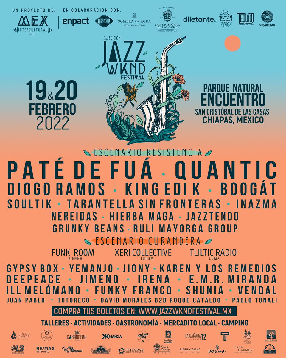 Ya tenemos la cartelera final, ¡entérate de todo lo que traerá el Jazz Wknd festival San Cristóbal de Las Casas! 
¡No te quedes sin tus boletos!

🎷PREVENTA DE BOLETOS🎷
👉🏽Hasta el 31 de Enero 2022
jazzwkndfestival.mx