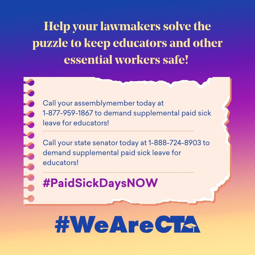 WeAreCTA's tweet photo. Paid sick leave is a lifeline. Since it expired, educators and other essential workers have been left with the choice of going w/o pay or putting their communities at risk. #PaidSickDaysNow #WeAreCTA https://t.co/l78PplZZFD