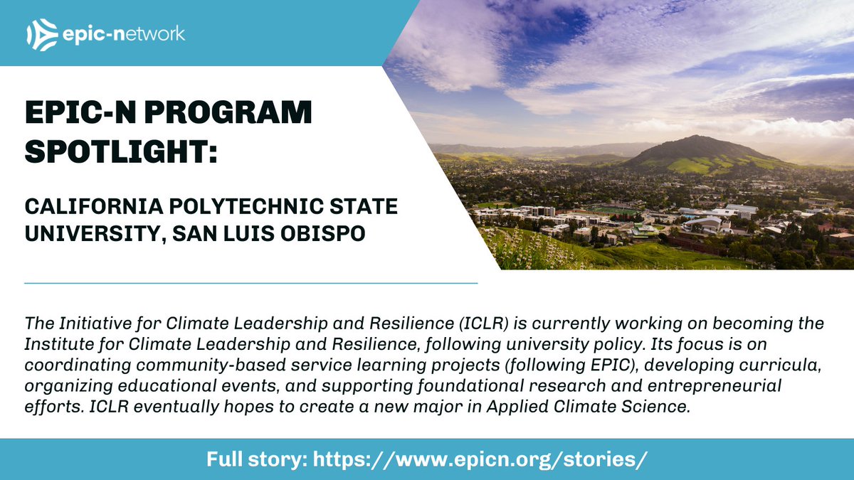 EPICNtweet's tweet photo. Program Spotlight: California Polytechnic State University, San Luis Obispo - Initiative for Climate Leadership and Resilience (ICLR)

Read more: https://t.co/0EBi1GPfXq

#epicn #epicnetwork #epicprogram @CalPoly https://t.co/7IPsgWROdU