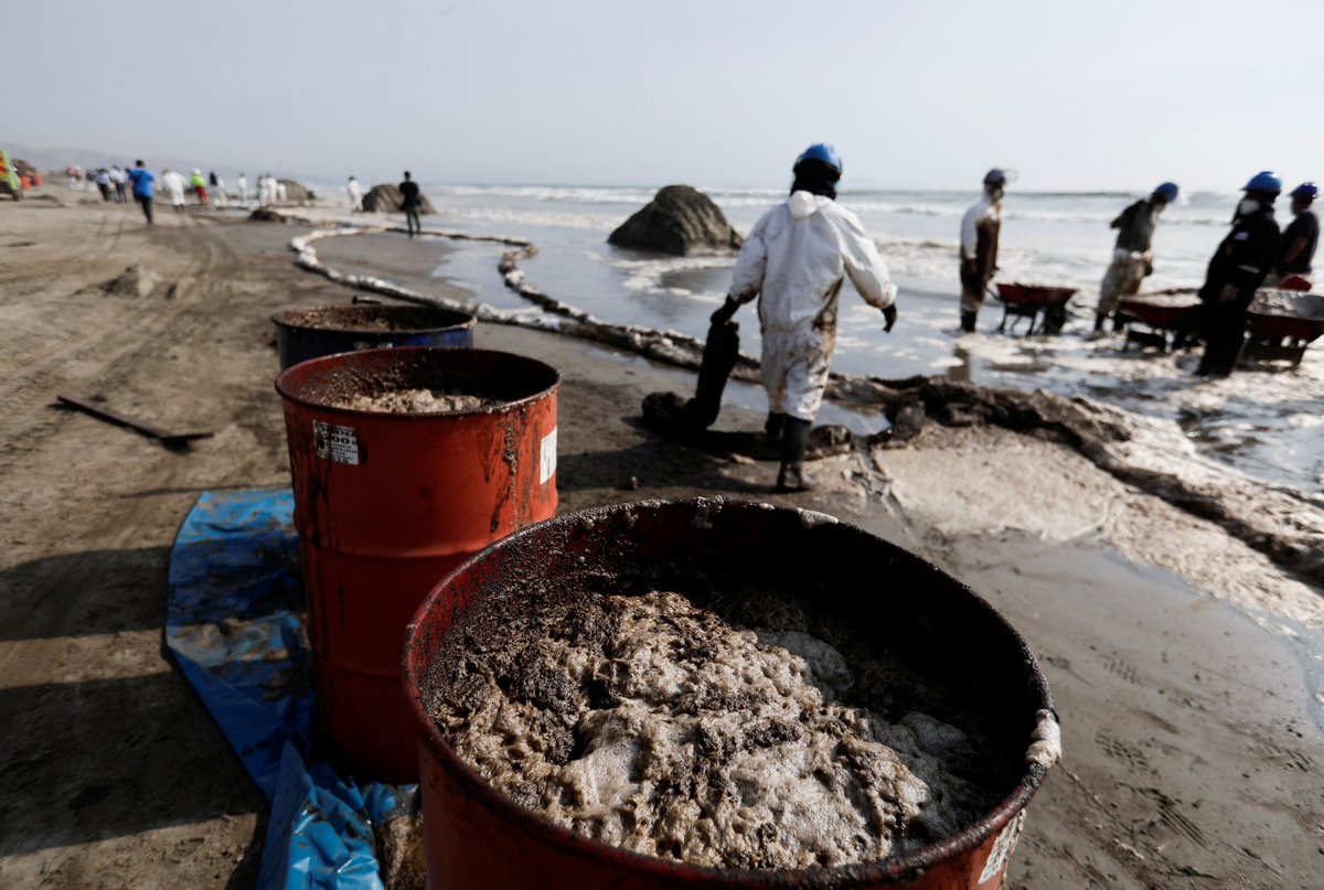 ajplus's tweet photo. 21 beaches in Peru are covered in oil after a refinery leaked 6,000 barrels. Dead birds are washing up on the coast, and fishermen say: "Everything has the smell of death."

Refinery owner Repsol blames the tsunami from Tonga's volcanic eruption and claims it is not responsible. https://t.co/piRwArJggs