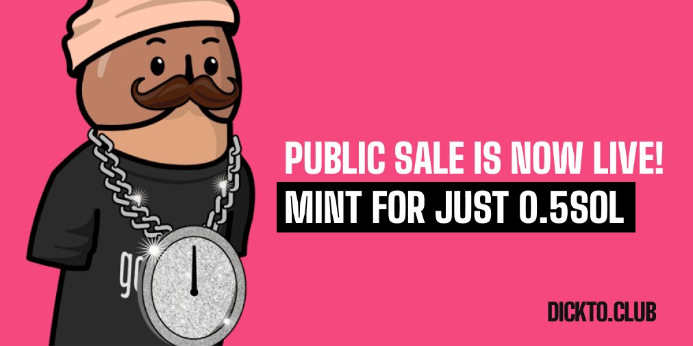 DicktoClub's tweet photo. The Public Mint is live! Mint a fresh Dickto for 0.50 SOL, from https://t.co/oO1oELzJ24. We recommend using the Phantom Wallet browser extension in a desktop browser like Chrome. #NFT #Solana #SolanaNFTs #Nftarts #gotdick https://t.co/fsxrWOoYQX