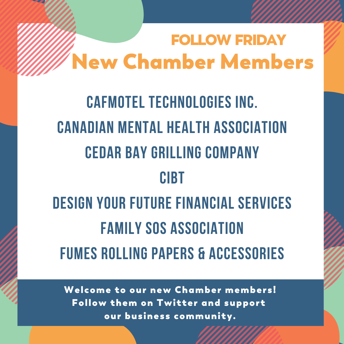 halifaxchamber's tweet photo. Welcome to our new Chamber Members! 👋

Follow them and support our local business community.

@cafmotel 
@nsCMHA 
@cedar_bay 
@CIBTGlobal 
@thefinancialeng 
@FamilySOS 
@Highofffumes247 https://t.co/CY9iNhusAn