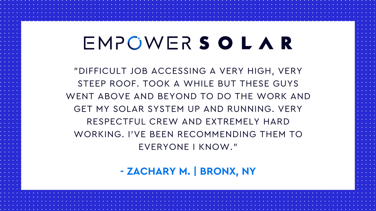 EmPowerSolar's tweet photo. Thank you Zachary! We work hard to meet expectations like yours, and we’re happy to hear that our team hit the mark for you. ⭐⭐⭐⭐⭐ #Solar #Install #SolarPanels #EV #Battery #EnergyEfficiency #CleanEnergy #LongIsland #Bronx #NYC #PSEG #ConEd #EmPowerSolar #ElectrifyYourLife https://t.co/fjWEEyq8EZ