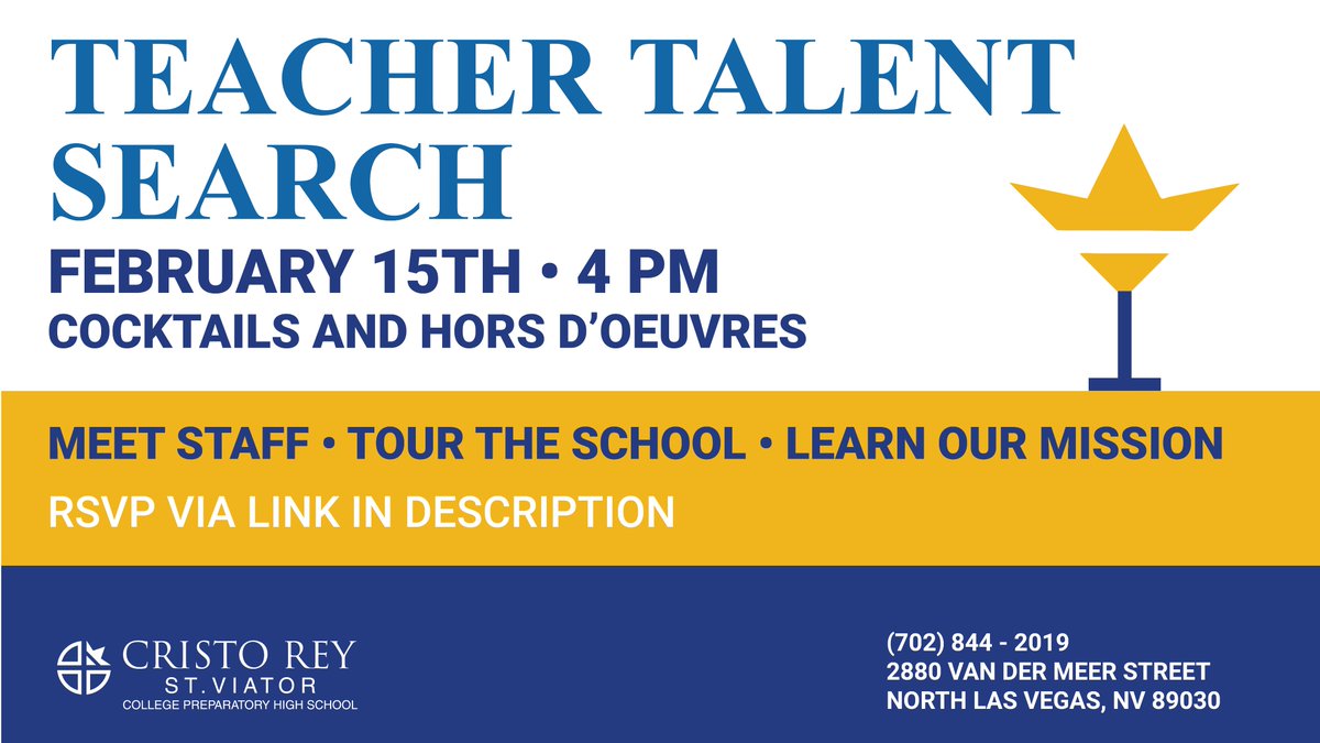 Recently retired? Looking for a change? We have just what you need here at Cristo Rey St. Viator. Enjoy food, cocktails, and come meet us! 🍹🎉

RSVP at rsvp@crsvlv.org OR via link below⬇️
eventbrite.com/e/teacher-tale…