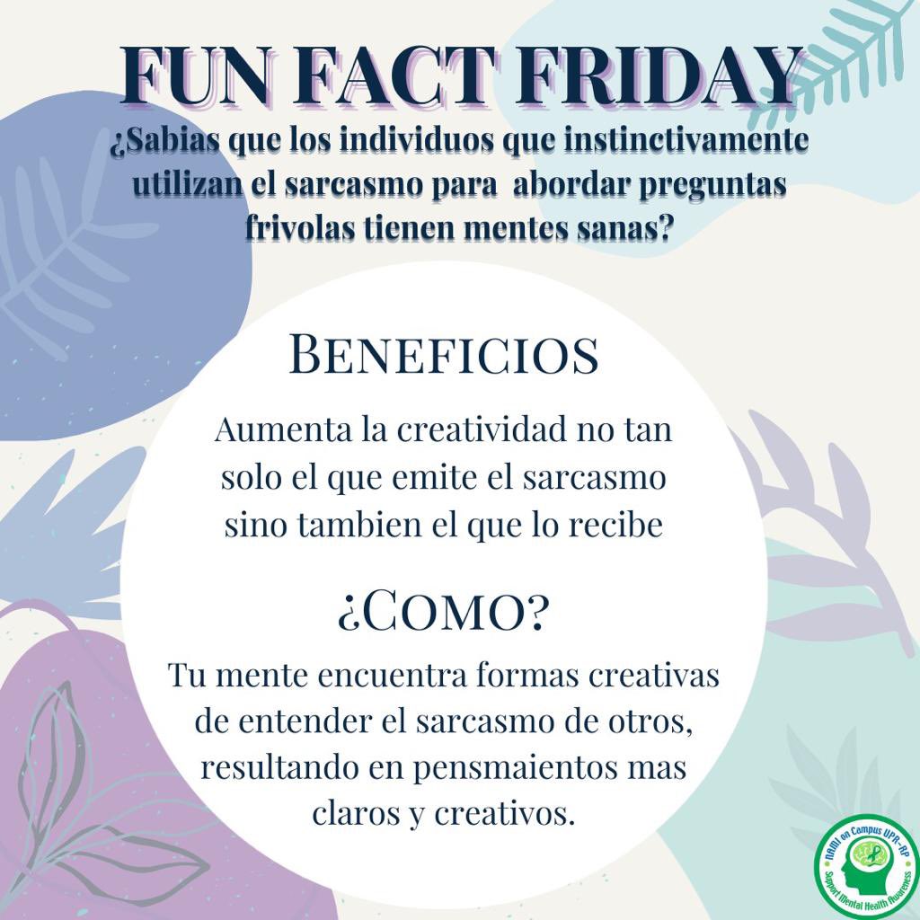 NamiUprrp's tweet photo. 💡Fun Fact Friday💡

¿Sabías qué los individuos que instinctivamente utilizan el sarcasmo para abordar preguntas frívolas tienen mentes sanas?

#FunFactFriday #NamiUPRRP #NamiOnCampus
#NamiCares #stigmafree https://t.co/IrEOQxWT9r