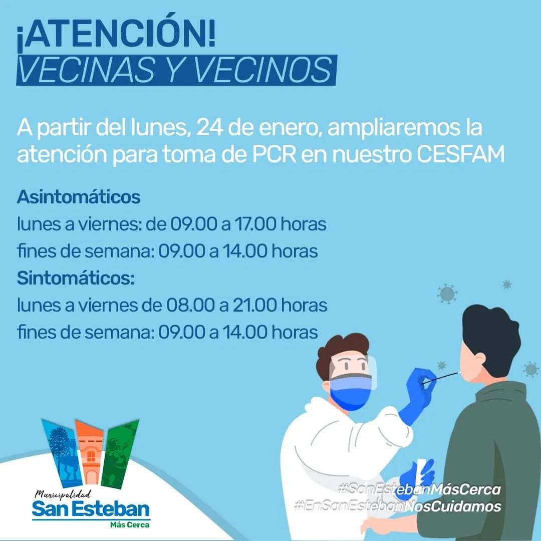 Muni_SanEsteban's tweet photo. A partir de este próximo lunes 24 de enero, ampliaremos los horarios de atención en nuestro Cesfam para la toma de PCR (búsqueda activa de casos) tanto en pacientes sintomáticos y asintomáticos, incluyendo los fines de semana.

#EnSanEstebanNosCuidamos😷💉
#SanEstebanMásCerca❤ https://t.co/E3EqQPhG1Q