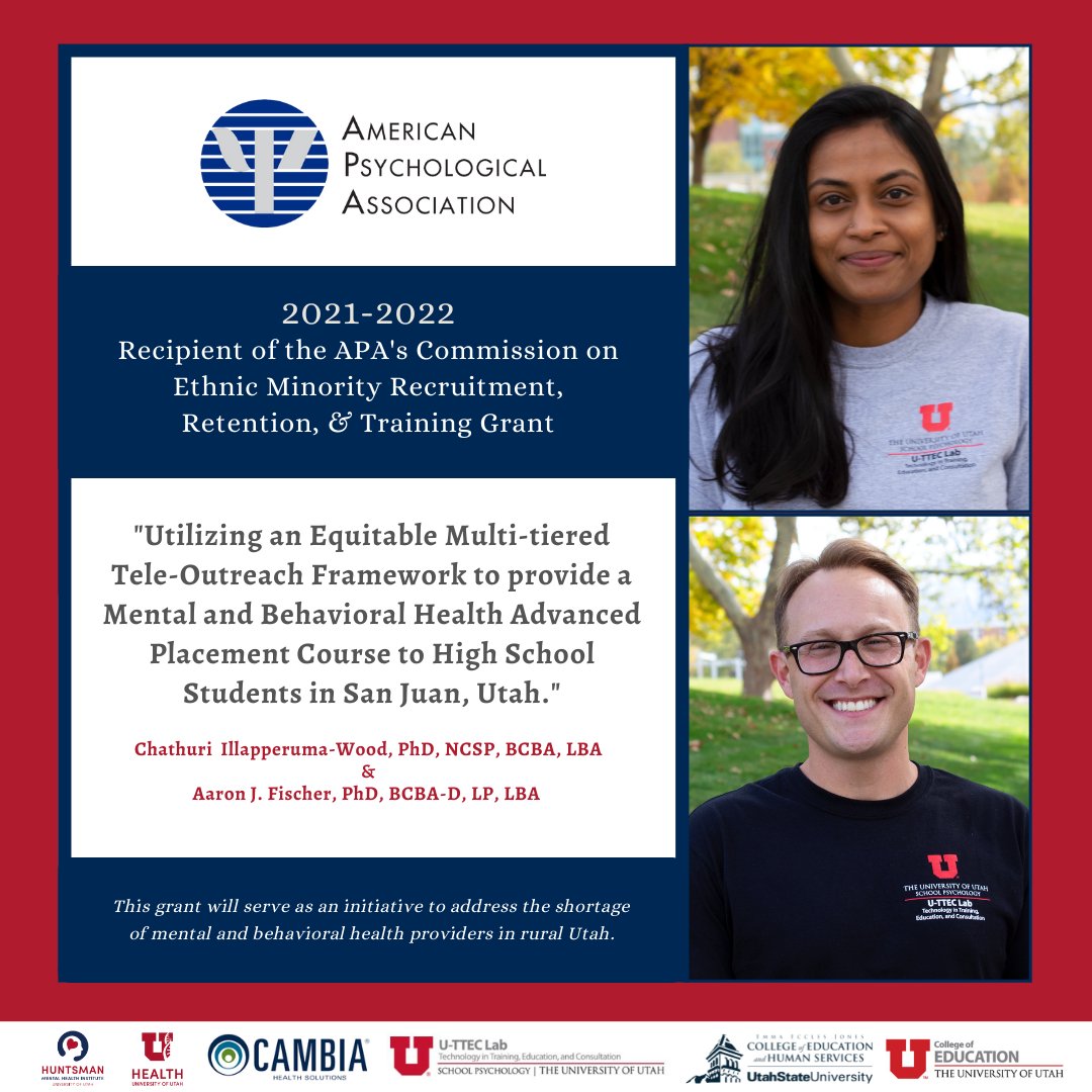 UtahSMHCollab's tweet photo. A special congratulations🎉to @c_illapperuma &amp; @aaronjfischer, recipients of the @APA’s 2021-2022 Commission on Ethnic Minority Recruitment, Retention, &amp; Training Grant! 

@Cambia @uofu_hmhi @UUtah @RegenceUtah @USUAggies @UTPublicEd

#UtahSMHCollab #SchoolMentalHealth https://t.co/QVhhleVTEC