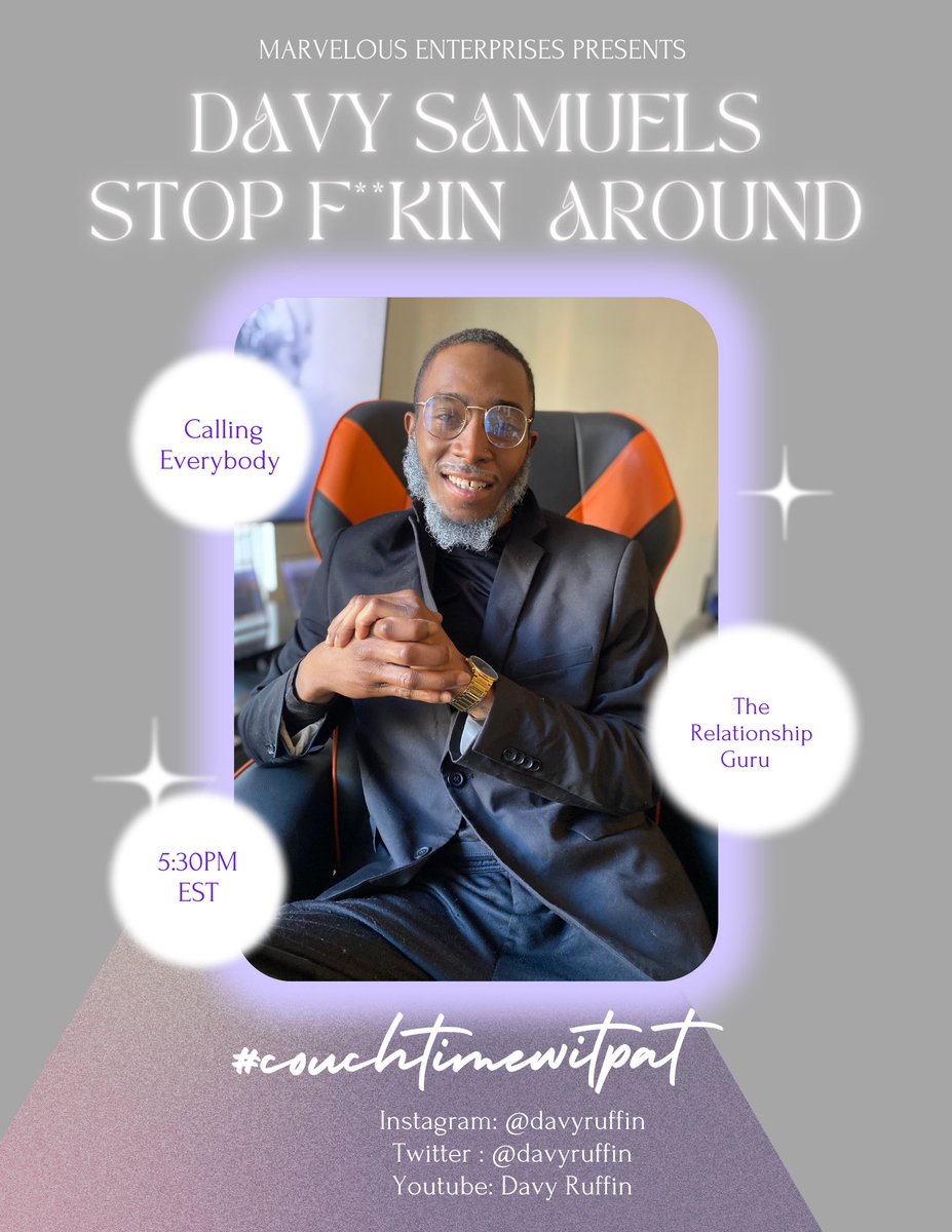 DavyRuffin's tweet photo. YES SIR WE ARE BACK 5:30pm EST ON INSTAGRAM ON MY BACK UP PAGE @iamdavyruffin TUNE IN TODAY IT IS GOING TO BE A EPIC EPISODE‼️🤫🤬😁 #couchtimewitpat https://t.co/IWv4HIPDiy