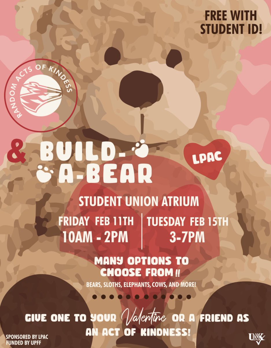 Welcome back to another semester, Lopers! With Valentine’s Day and Random Acts of Kindness Day coming up, join LPAC at our first event of the semester: Build-A-Bear!

🗓 Friday, Feb. 11, from 10 a.m. to 2 p.m.
🗓 Tuesday, Feb. 15, from 3-7 p.m.
📍 Student Union Atrium