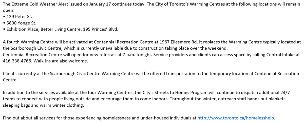 dmrider's tweet image. Inbox: City of Toronto Warming Centres remain open with one temporary location change