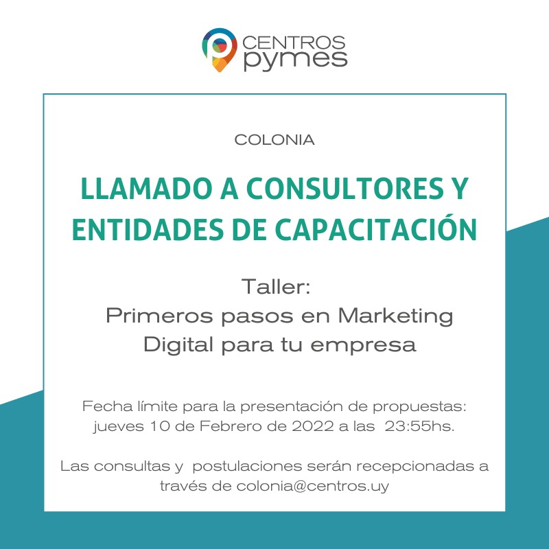 ColoniaTur's tweet photo. El Centro Pyme de Colonia convoca instituciones y/o equipos consultores con experiencia en facilitación de procesos de capacitación a empresas para dictar talleres de Primeros pasos en marketing digital.

Bases disponibles en:
https://t.co/TEMKZzGOGv https://t.co/VJ57u9gwPs
