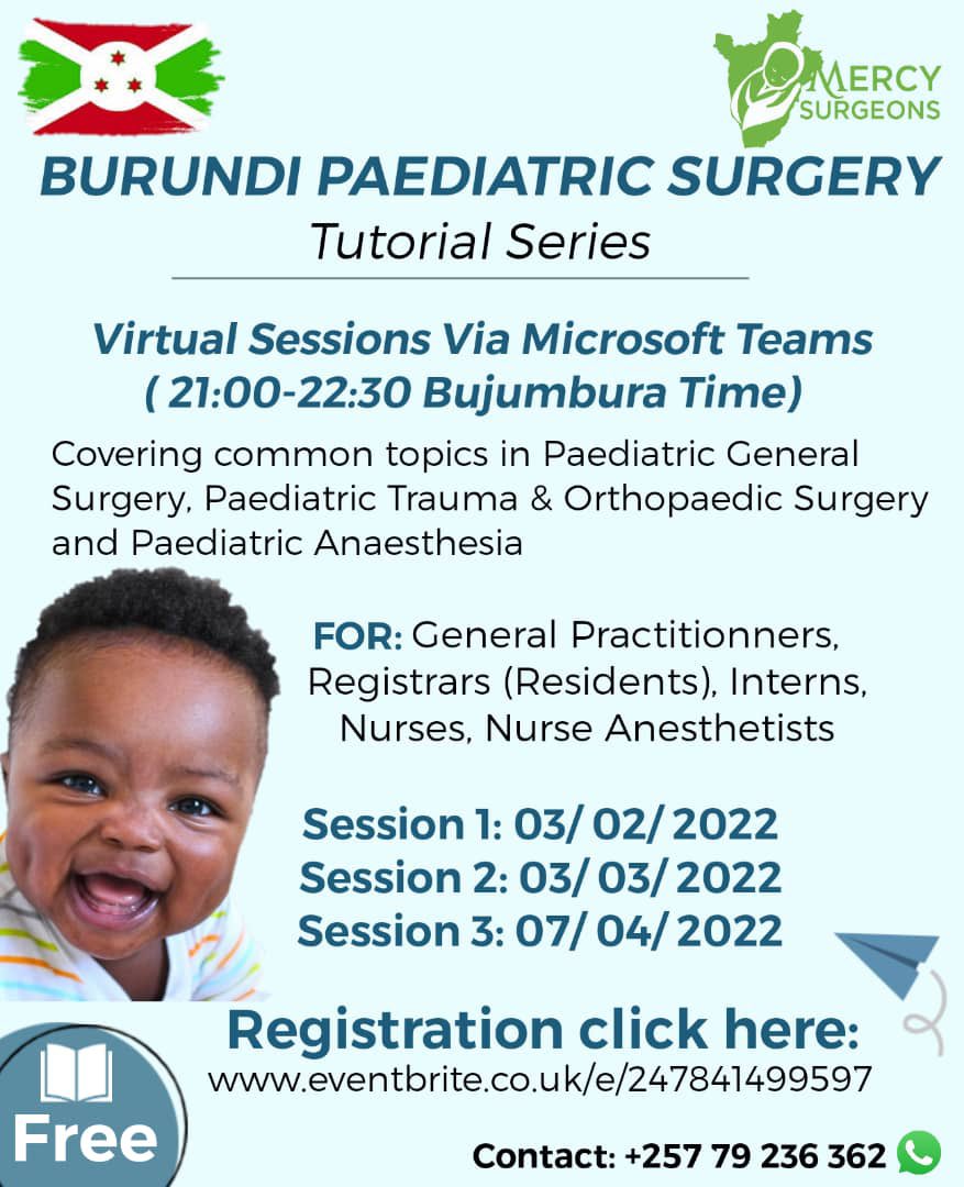 Delighted to announce a FREE Paediatric Surgery multi-disciplinary educational series for healthcare professionals in 🇧🇮. #MercySurgeonsBurundi 

Incredible collaborative work with <a href="/NiyukuriAlly/">Alliance Niyukuri 🇧🇮</a> <a href="/LindertJudith/">judith lindert</a> <a href="/FordKathryn/">Kat Ford</a> <a href="/InMugisha/">Innocent Mugisha</a> 

Register here: eventbrite.com/e/burundi-paed…