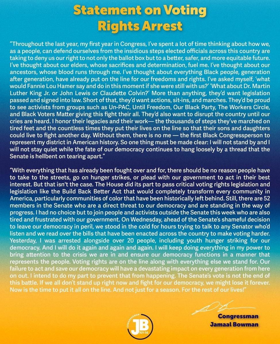 RepBowman's tweet image. I will not stand by and I will not stay quiet while the fate of our democracy continues to hang loosely by a thread that the Senate is hellbent on tearing apart.