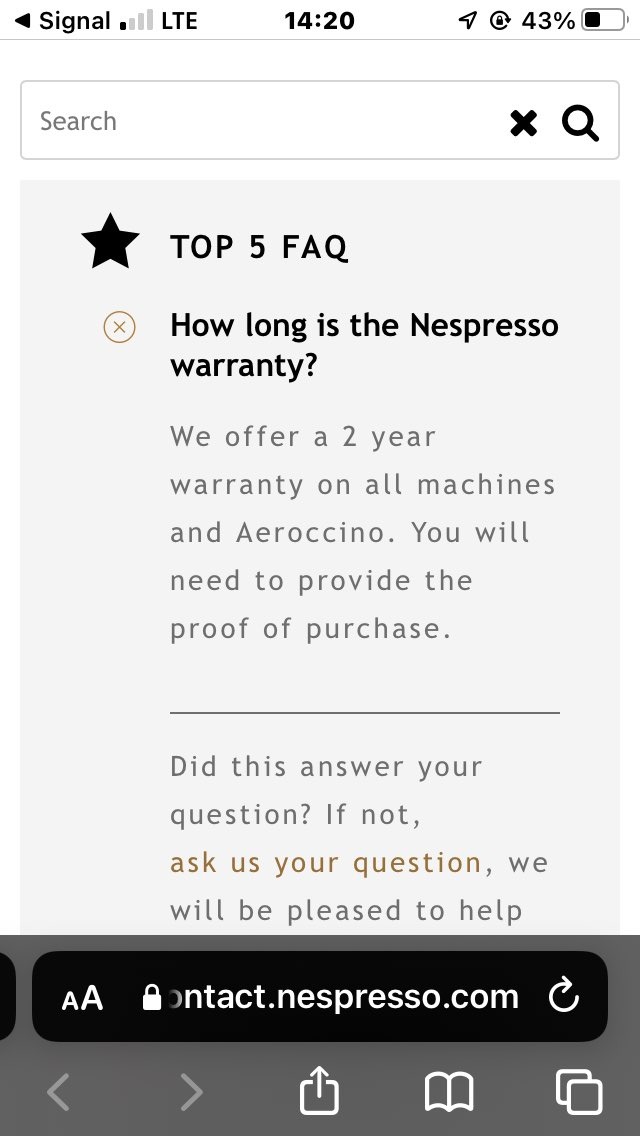Elizapples's tweet photo. @NespressoUSA This is literally what your USA website says. I'm in the USA. If you type in "Warranty" into the search bar, this is what you get over and over again. I'm in the process of filing a complaint with the consumer protection division of the  Virgina Attorney General https://t.co/u58nUKHx5I