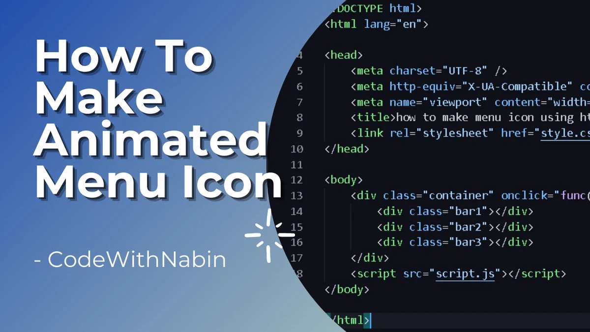 In this video, we are learning about how to make simple animated menu icon using bit of HTML code and a single line of JavaScript.
