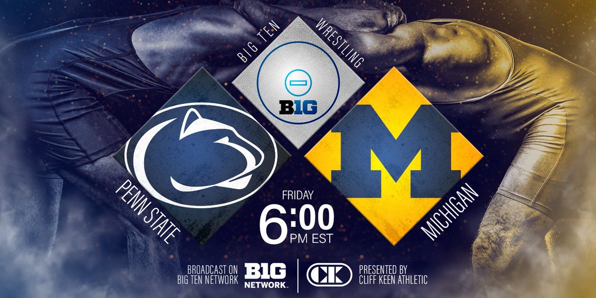 Cliff Keen Wrestling (@ckawrestling) on Twitter photo The first of two matchups tonight on <a href="/bigtennetwork/">Big Ten Network</a> you want to be sure to tune into! 🔥
We’ve got <a href="/pennstateWREST/">Penn State WRESTLING</a> vs. <a href="/umichwrestling/">Michigan Wrestling</a> tonight at 6 PM EST 💥 presented by #CliffKeen 💥
#KeepWrestling #BigTenWrestling The first of two matchups tonight on <a href="/bigtennetwork/">Big Ten Network</a> you want to be sure to tune into! 🔥
We’ve got <a href="/pennstateWREST/">Penn State WRESTLING</a> vs. <a href="/umichwrestling/">Michigan Wrestling</a> tonight at 6 PM EST 💥 presented by #CliffKeen 💥
#KeepWrestling #BigTenWrestling