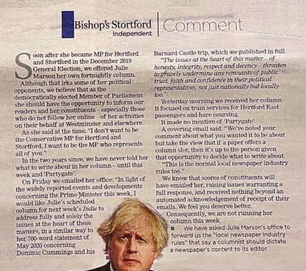 1-0 To the Bishop Stortford Independent, for refusing to run the column written by their Conservative MP. Why? Read and find out.