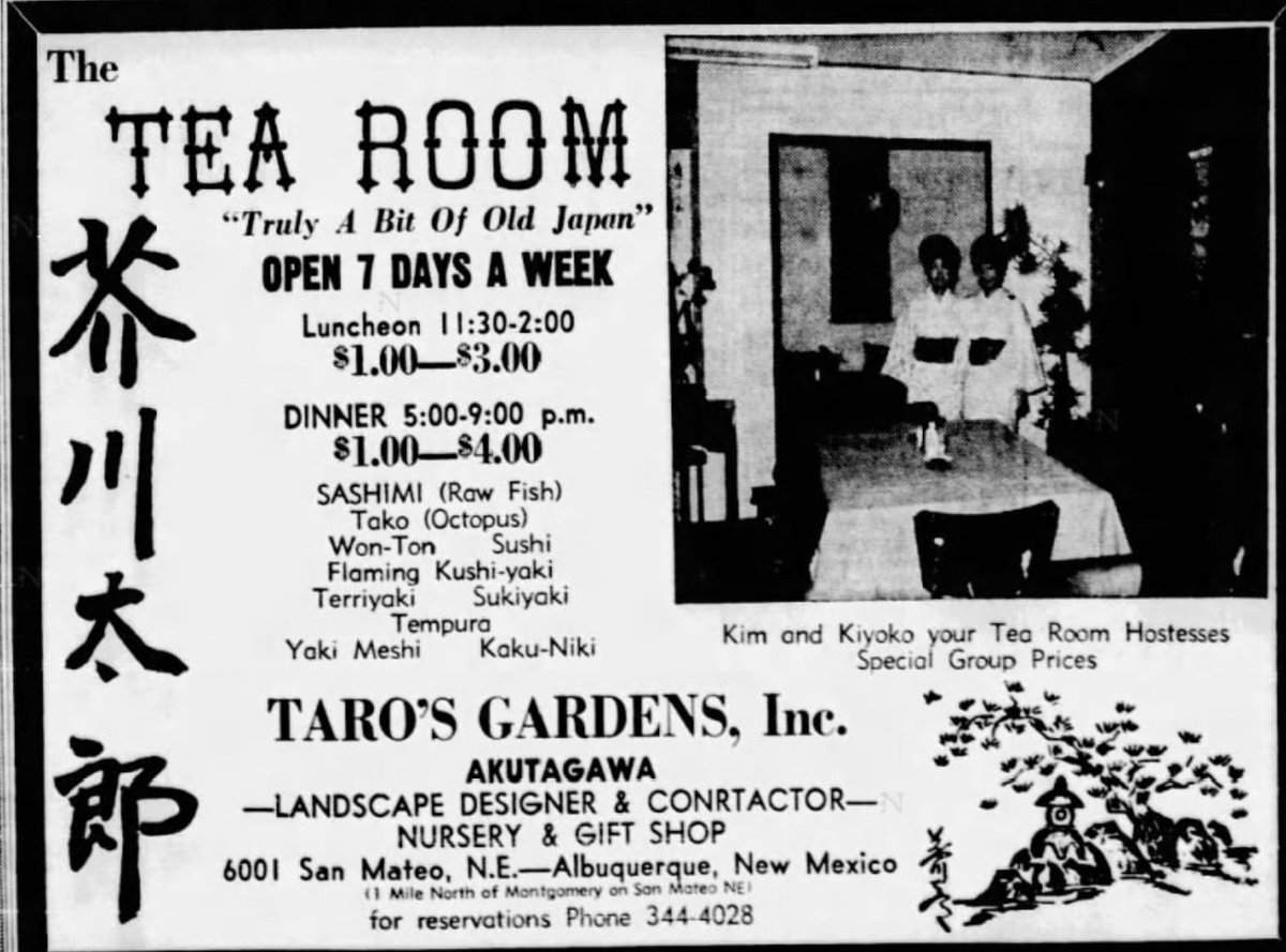 Ad for Taro's Gardens, the first restaurant to serve sushi in New Mexico. March 21, 1969