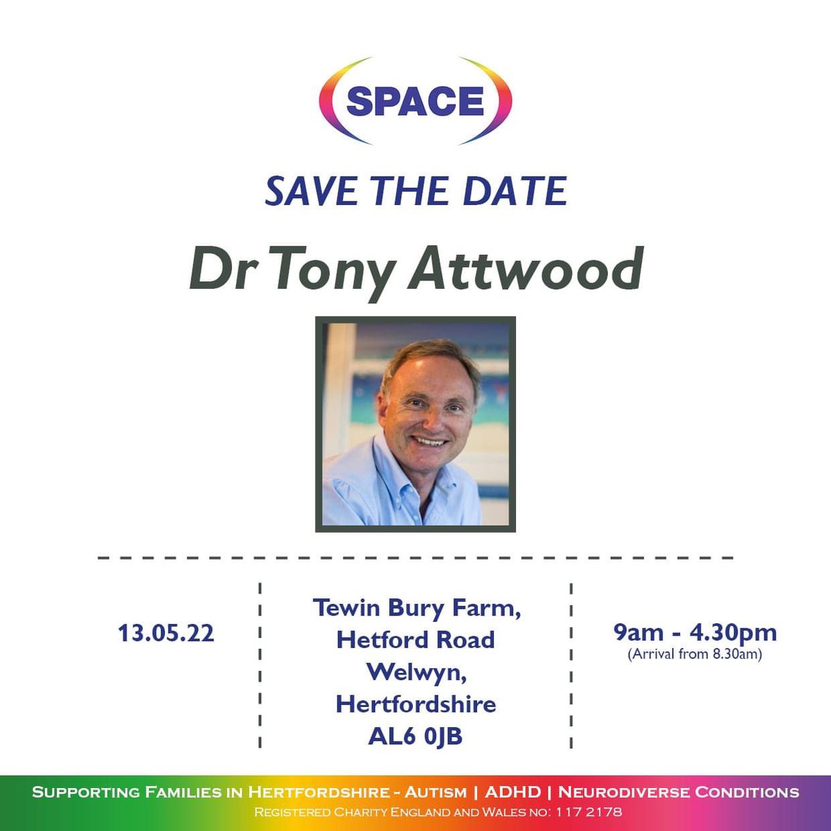 📣🌟SAVE THE DATE 🌟📣 We are delighted to announce our eagerly anticipated conference with Dr Tony Attwood is confirmed for Fri 13th May 2022. This conference will be available to book on Sun 13th Feb at 8pm..so set your reminders! 🥳 #SPACEhertfordshire #SPACEhertsconference