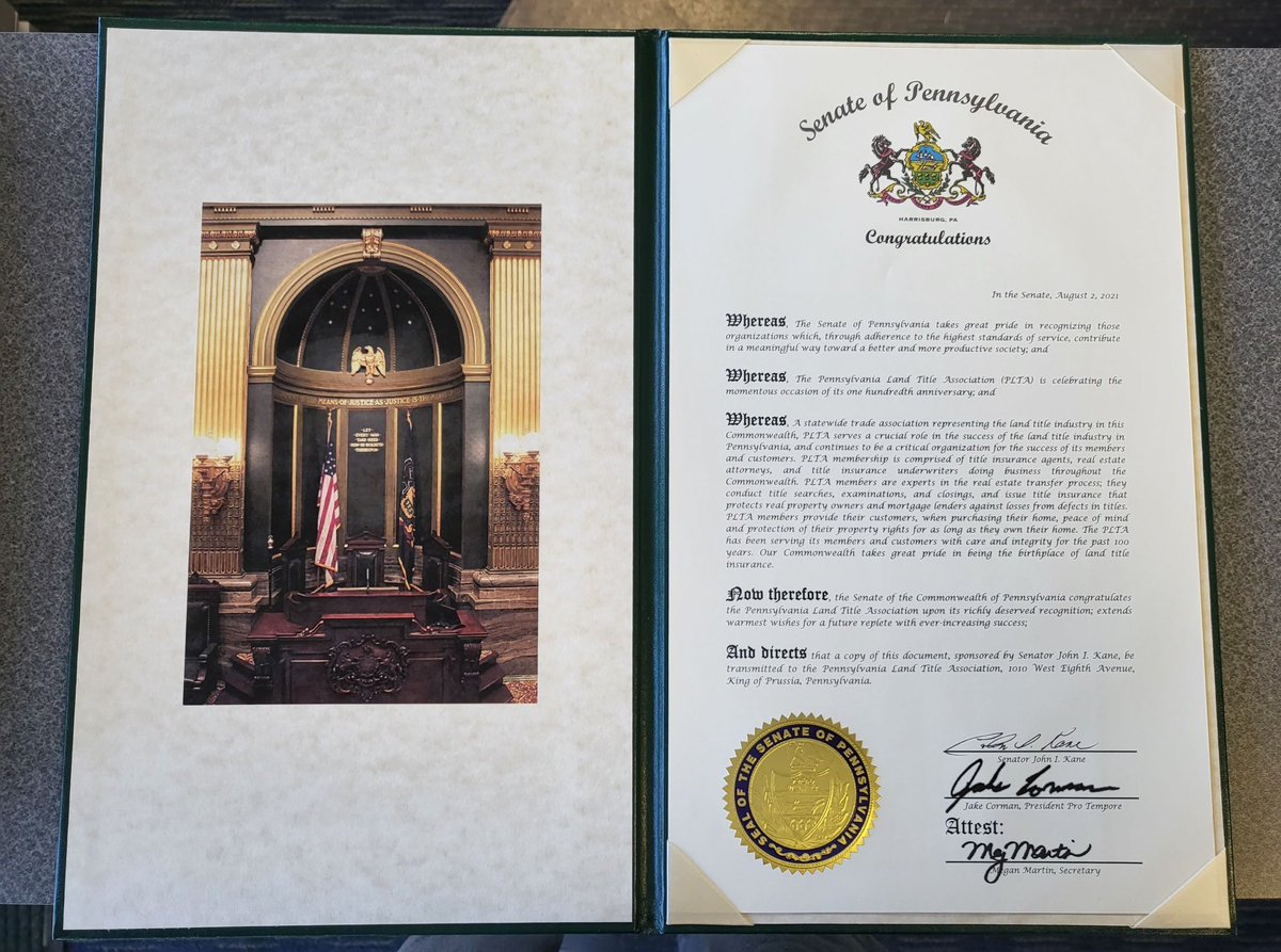 The PLTA received a citation from the Senate of Pennsylvania to congratulate our association on its 100th anniversary!