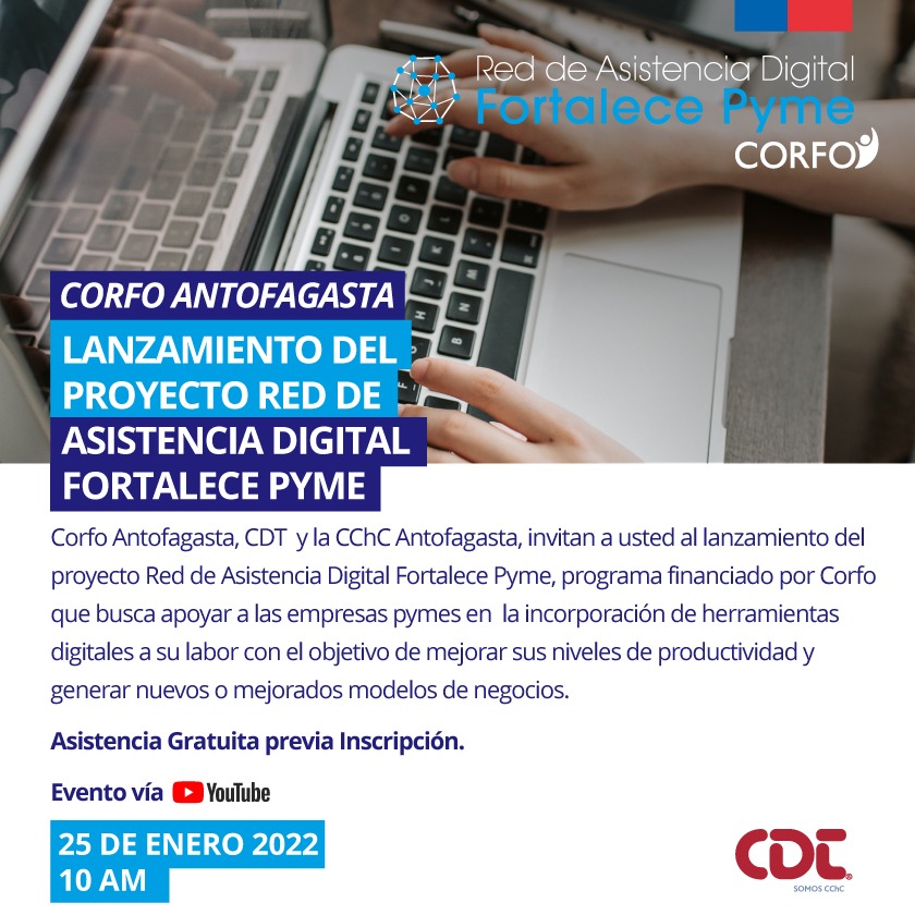 ¡ATENCIÓN ANTOFAGASTA! Participa en el lanzamiento del proyecto Red de Asistencia Digital Fortalece Pyme, programa financiado por <a href="/Corfo/">Corfo</a>, que busca apoyar a las empresas pymes en la incorporación de herramientas digitales a su labor.
Inscríbete acá: zcu.io/J7sI 👈