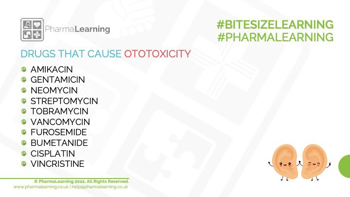 pharmalearning_'s tweet photo. DRUGS THAT CAUSE OTOTOXICITY - this list is not all inclusive but lists some of the most common drugs that can cause damage to the ears including hearing loss, ringing in the ear and poor balance #bitesizelearning #pharmalearning #empoweringyoutoachievemore #pharmacy https://t.co/mGbJMjfnu2