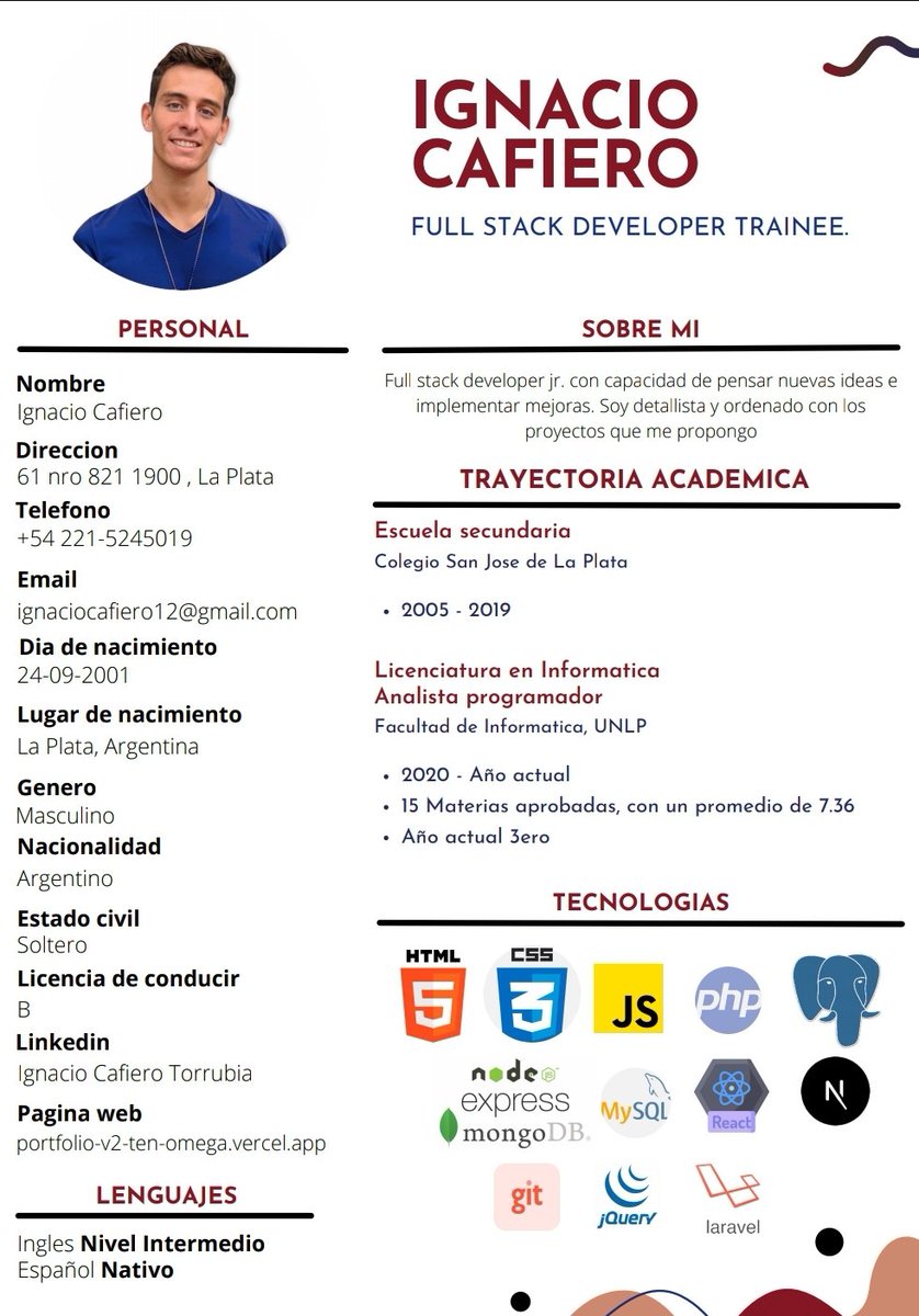 Tofidev's tweet image. Buenas mundo #Developer 
Les presento mi CV soy un estudiante de la facultad de informática de la UNLP. A pesar que no tengo experiencia laboral, soy bastante autodidacta en mi tiempo libre. Actualmente estoy buscando introducirme en el mundo #IT. Les agradezco si lo comparten ❤️