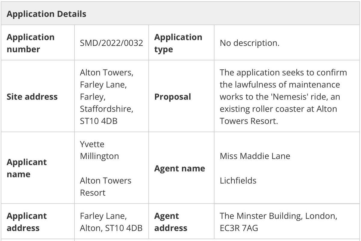 TowersTimes's tweet image. Alton Towers have submitted an application to confirm the lawfulness of maintenance works to Nemesis.

Whilst the application awaits validation, supporting documents are not yet available, but this suggests that the Resort are looking to increase the rollercoaster’s lifespan.