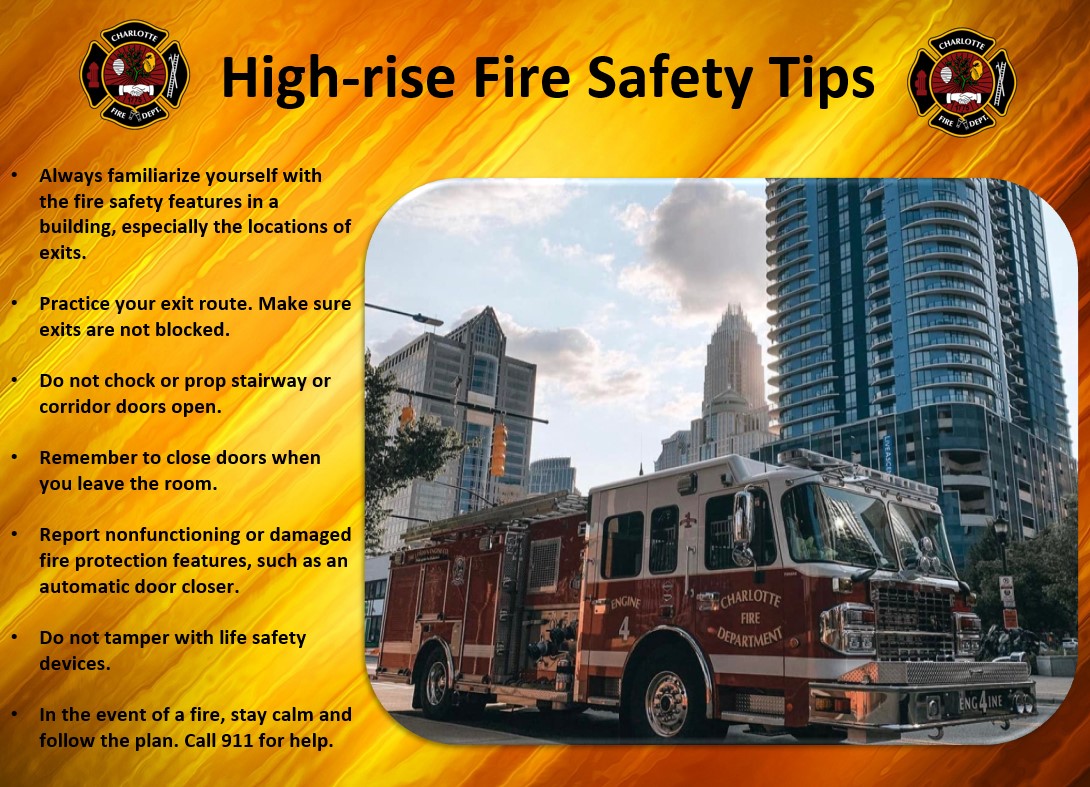 charlottefire's tweet photo. High-rise fire safety tips!
*FAMILIARIZE yourself with the fire safety features
*PRACTICE your exit route.
*REMEMBER to close doors when you leave the room.
*In the event of a fire, stay calm and follow the plan.
*CALL 911 for help.
#StaySafeStayAlive #CFDPRIDE #cfdstrong https://t.co/ARe2ETAxyi