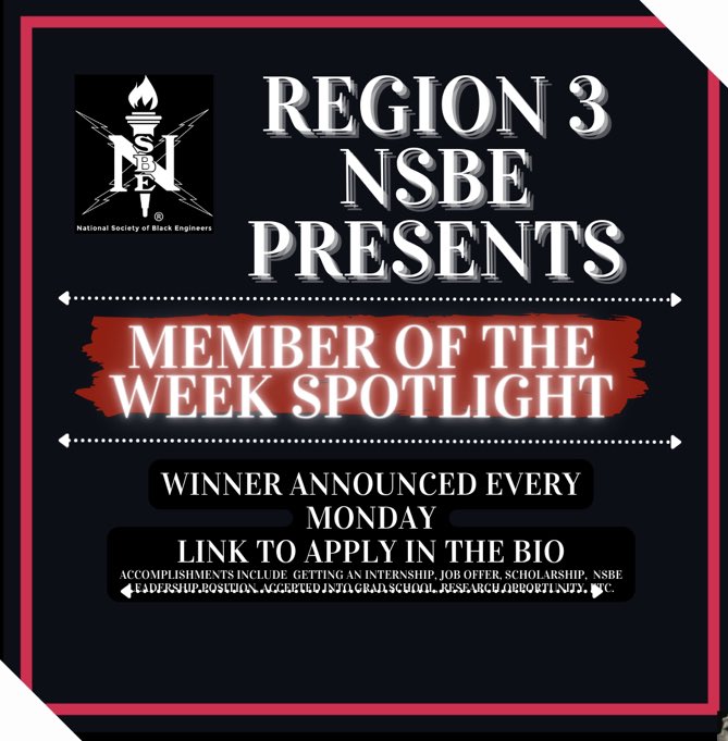 Region 3 NSBE is taking entries for the Member of the Week spotlight 🔦‼️Nominate someone you believe demonstrated great accomplishments or overcame a challenge worthy of praise 👏🏽

linktr.ee/R3_NSBE