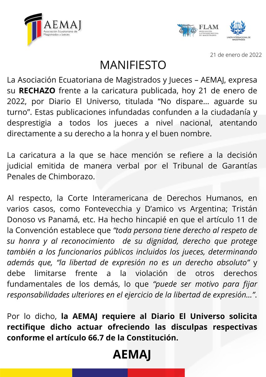 AsoJuecesEc's tweet photo. #AEMAJenAcción Estimados socios y amigos, emitimos el siguiente manifiesto mediante el cual RECHAZAMOS  la caricatura publicada por @eluniversocom el día de hoy, en la cual se afecta a la honra y buen nombre de los magistrados y jueces del país. https://t.co/K6BQ1AM6N1