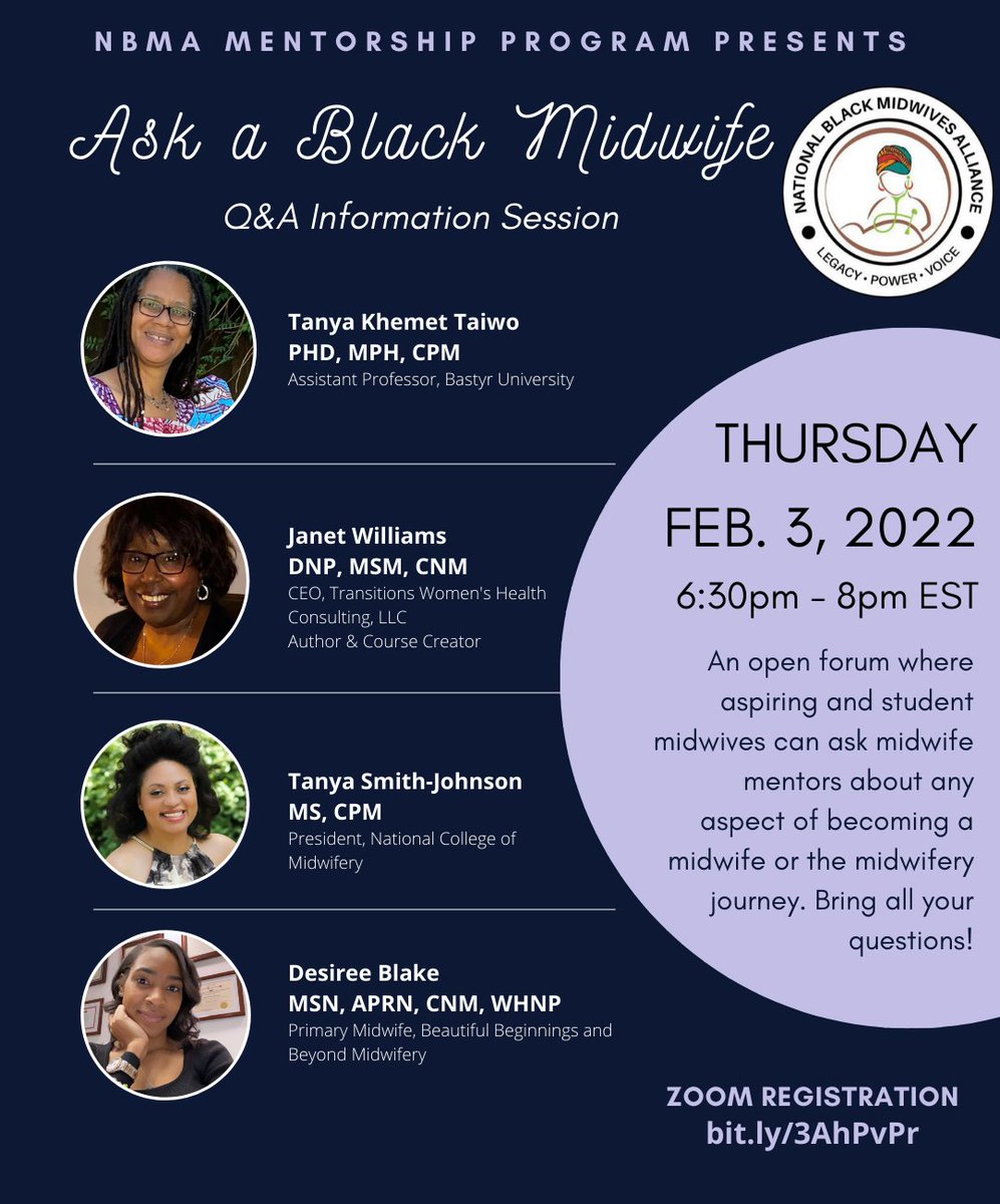 Black student midwives and aspiring midwives! Mark your calendars for this Q&amp;A Information session. Bring all your questions about becoming a midwife. bit.ly/3AhPvPr

 #Blackmidwives #Blackstudentmidwives #FutureFridays