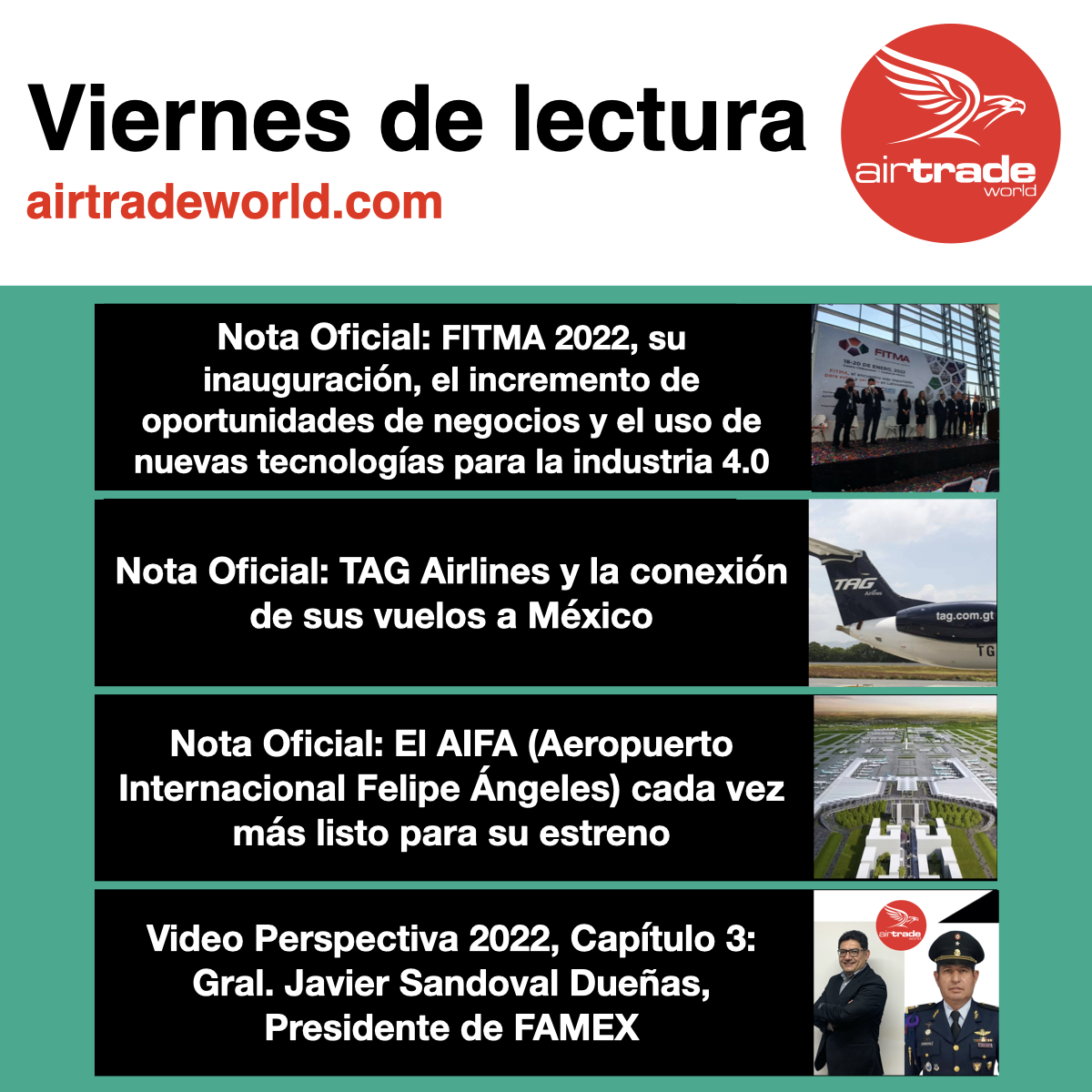 airtradeworld's tweet photo. 😁 Por si te perdiste alguna publicación de la semana...
#ViernesDeLectura
#Viernes #AIFA #TAGAirlines #FITMA #FAMEX #AirTradeWorld https://t.co/uyjhyxZAZM