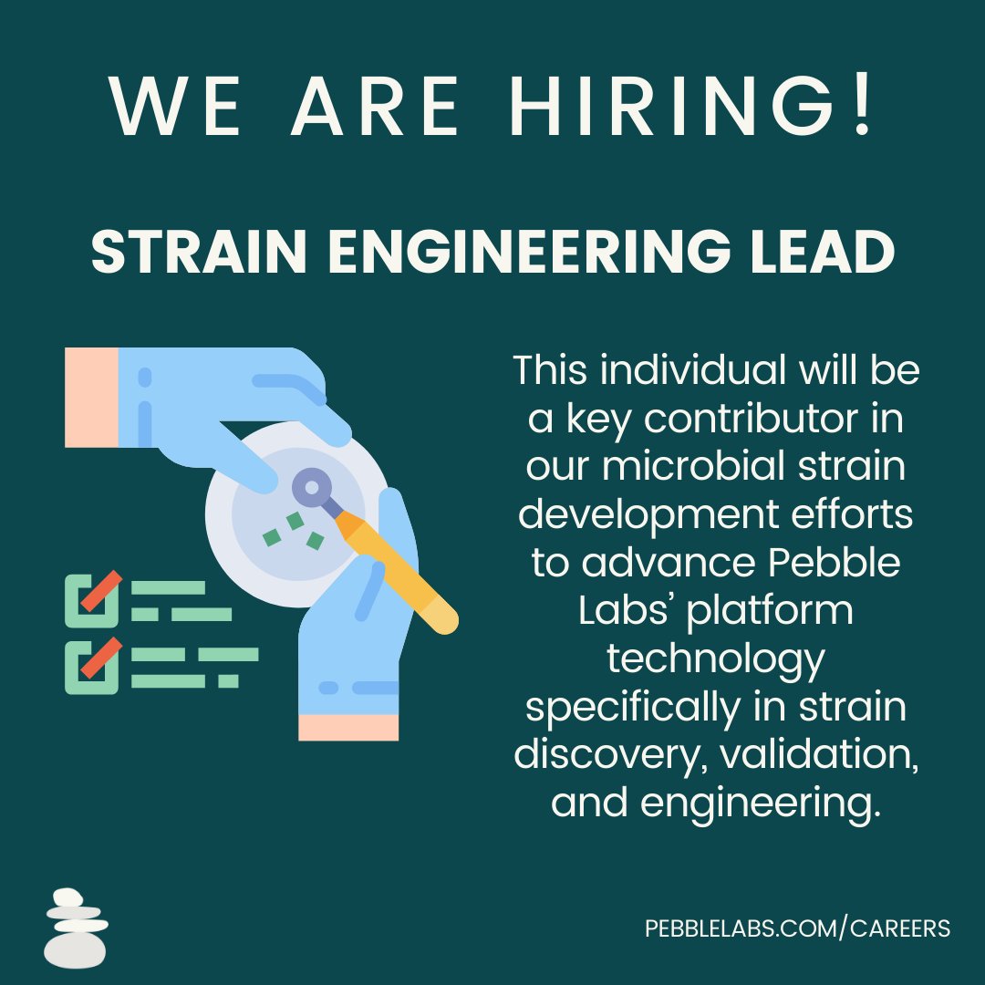 pebble_labs's tweet photo. We are #hiring a Strain Engineering Lead! This individual will be a key contributor in our microbial strain development efforts to advance Pebble Labsβ platform technology specifically in strain discovery, validation, and engineering.
https://t.co/9oWiKMzo2p
#ScienceCareers https://t.co/IhCewdbhQL