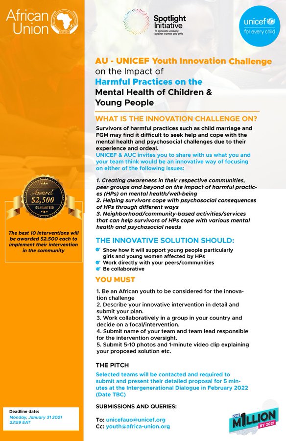 YouthDeliver's tweet photo. Are you an innovator who wants to help eliminate harmful practices against girls and women, such as #ChildMarriage and #FGM, and support the mental health of survivors?

Apply to the Youth Innovation Challenge from @AUYouthProgram and @UNICEF by 31 January! https://t.co/Hs6dc3Dta6