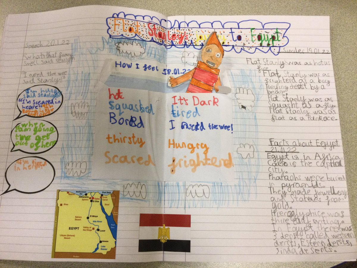 cashprimary's tweet photo. @ReadFlatStanley The children in Starley Class are really enjoying this term’s text -Flat Stanley and the Great Egyptian Grave Robbery. Here are some of the double page spreads they achieved in English lessons this week. @AHTMrsNettey https://t.co/Udw8GsF5vK