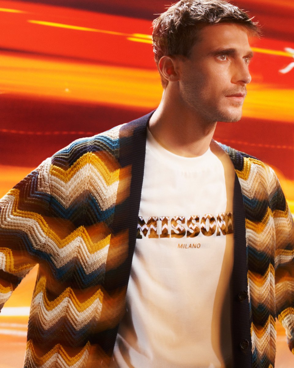 Missoni's tweet photo. Contemporary interpretations and a prismatic exuberance, articulating a new and forward-looking reality. Photography by Marili Andre, starring Clement Chabernaud. #LifeInColours #TheCardigan #MissoniSS22 https://t.co/OGoghs3AvH