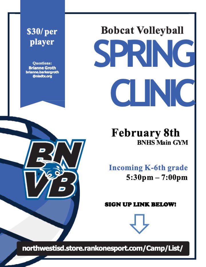 🌸Spring Clinic is HERE!!!🌸 

🗓 When: February 8th
⏰ Time: 5:30pm-7:00pm
📍Where: BNHS Main Gym
🏐 Who: K-6th Grade
Link to sign up below!

northwestisd.store.rankone.com/Camp/List/