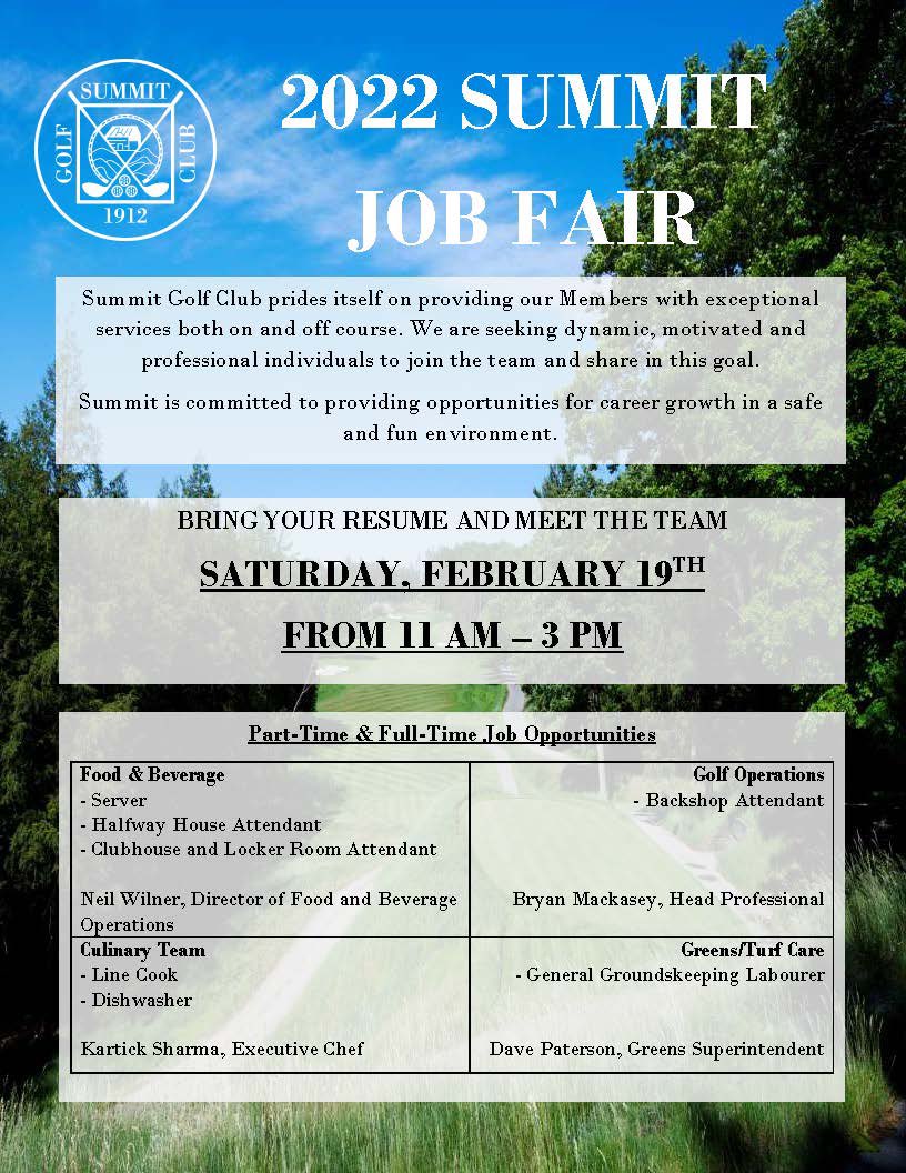 Join our team! Summit is now hiring for the 2022 golf season. See you on February 19!
          
Please feel free to share this post.