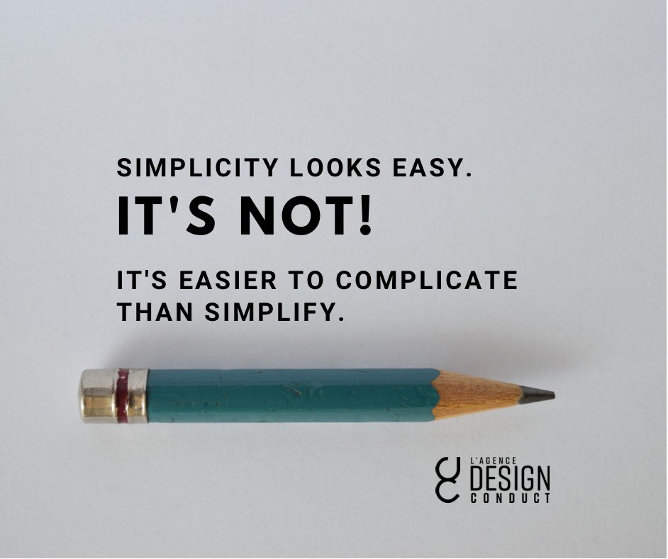 designconductCA's tweet photo. By the book — Design Conduct Consulting
Weekly inspiration!

Simplicity looks easy. It's not. It's easier to complicate than simplify.

Brutal Simplicity of Thought
https://t.co/jmKvsS6e4w https://t.co/gJEBxdRBH6